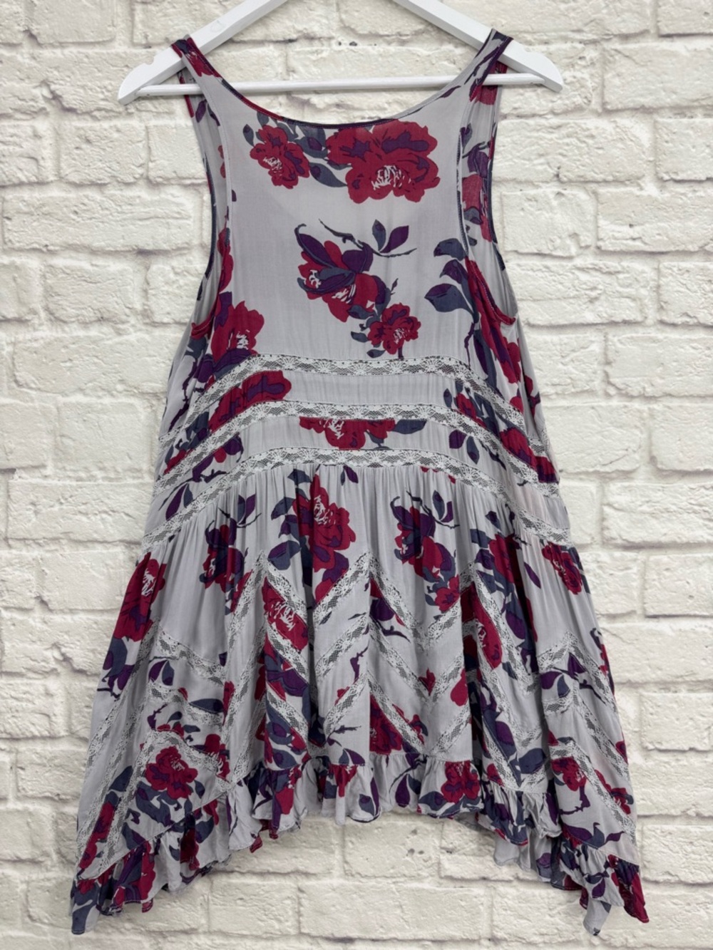 Free People Voile & Lace Trapeze Slip Dress Gray Red Floral Boho Size Small - Picture 11 of 14